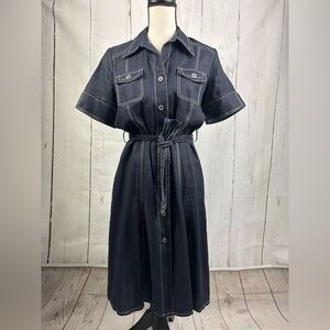 Linen Dress Button Up Navy White Stitching Belted